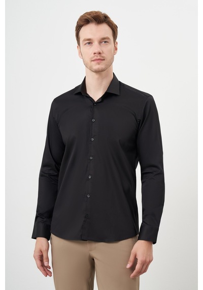 Morven Erkek Siyah Pamuk Düz Desen İtalyan Yaka Slim Fit Gömlek 24mc004088001 Siyah