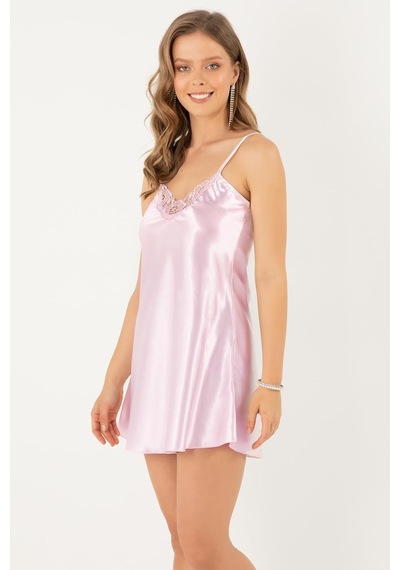İnce Askılı Güpürlü Mini Saten Gecelik,pembe 2xl,33165385 Açık Bej - Beyaz