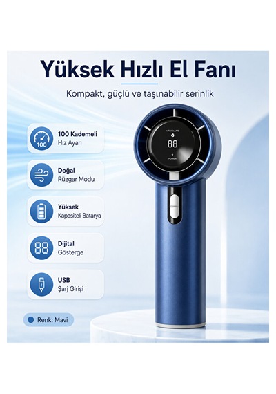 100 Kademeli Dijital Göstergeli Şarjlı El Fanı Mavi Taşınabilir Yüksek Hızlı Mini Lacivert