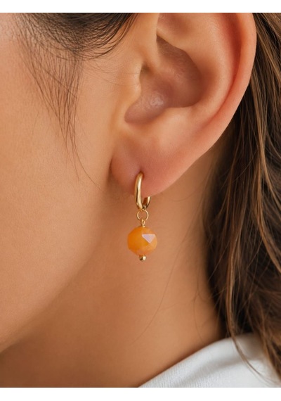 Cm Jewelry Turuncu Akik Taşlı Gold Halka Çelik Küpe