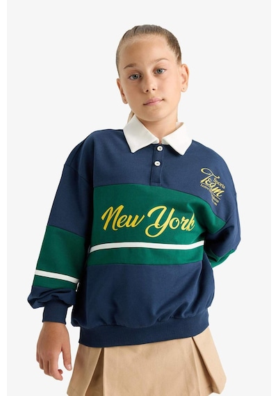 Defacto Kız Çocuk Relax Fit Polo Yaka Baskılı Okul Sweatshirt F7584a825aunv147 Lacivert