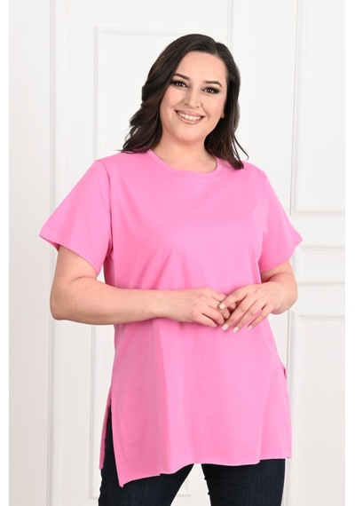 Kadın Bisiklet Yaka Yırtmaç Detaylı Büyük Beden Tshirt 9633-22 001