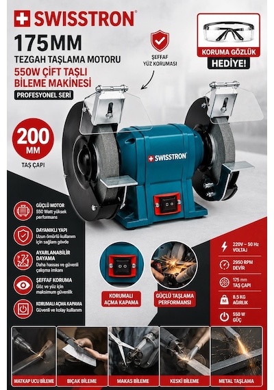 Swisstron SWS200BN Swiss Professional Endüstriyel Çift Taşlı Taşlama ve Bileme İstasyonu 200 MM