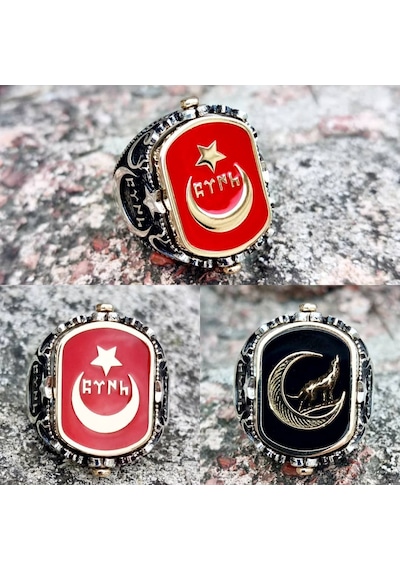Fkgümüş Kırmızı Mineli Ay Yıldız Siyah Mineli Bozkurt Yüzük