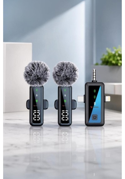 Yaka Mikrofonu Type-c Lightning Aux 2 Adet 3ın1 Kablosuz Mikrofon H68 Siyah