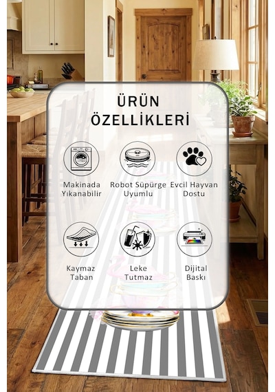 Fincanlı Flamingo Çizgiler Gri Beyaz Yıkanabilir Mutfak Halısı