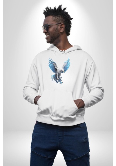 Mavi Beyaz Kartal Kuş Kadın Erkek Beyaz Kapüşonlu Sweatshirt Hoodie Beyaz Mavi Beyaz Kartal Kuş Kadın Erkek Beyaz Kapüşonlu Sweatshirt Hoodie Beyaz