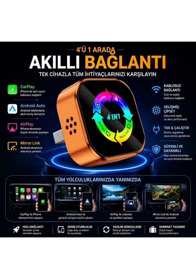 Lexroo 4-in-1 Kablosuz Araç Ekran Yanstıcı Ve Carplay Ve Android Auto Adaptörü Kablosuz Dönüştürücü Diğer