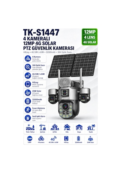 Tk-s1447 12mp 4 Kameralı 36x Optik Zoom 4g Esım Solar Ptz Kamera 32000mah Batarya 20w Panel