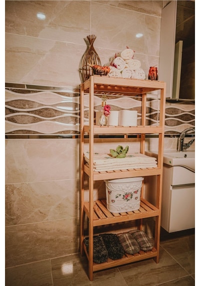 Ahşap Banyo Rafı 5 Raflı Havluluk Sabunluk Dekoratif Raf Dolap Banyo Düzenleyici Çok Amaçlı Raf Turkuaz
