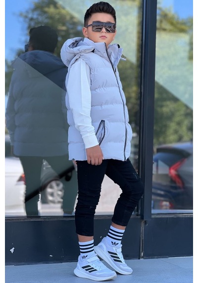 Pina Kids Erkek Çocuk Çıtçıt Kapüşonlu Nova Kumaş Şişme Yelek Ylk3026 Gri