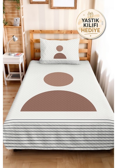 Minimal Boho Geometrik Bej Genç Odası Tek Kişilik Pike Takımı - Vizon 160x220 Cm Yatak Örtüsü Kremamsı Vadi Çizgisi