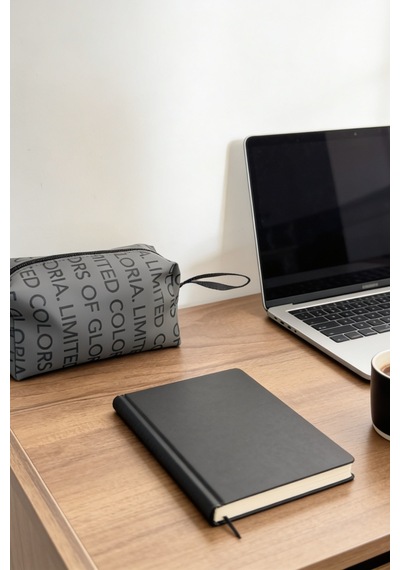 Vellamour Antrasit Yazı Desenli Fermuarlı Makyaj Çantası Suni Deri Kozmetik Organizer Unisex Kullanım