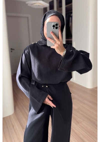 Ka Hijab Kruvaze Pantolonlu Salaş Takım - Siyah