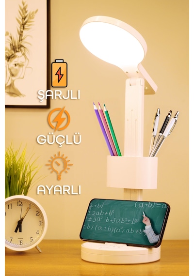 Şarjlı Led Masa Lambası Kalemlik Telefon Standlı Renk Ayarlı Dokunmatik Dimmer S9 Beyaz