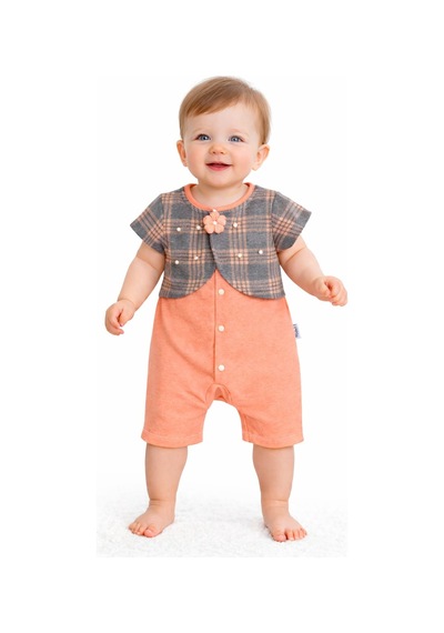 Chicsy Baby Kız Bebek Ekose Detaylı Tulum Tarz Çiçek Aksesuarlı Şık Yazlık Tulum Somon