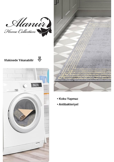 Dekoreko Kaymaz Taban Djt Mutfak Halısı Yıldız Deri Modern M5142 Antrasit