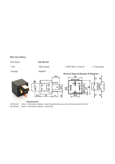 12V Röle 4 Uçlu 80 A 70 A Tipi 2 Uç Küçük / 2 Uç Büyük 6.3 M N11.2882