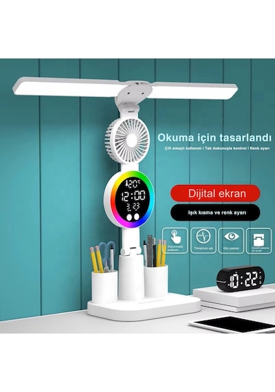 Shopytech Çift Başlıklı Led Masa Lambası Fanlı Dijital Saatli Rgb Ambiyans Dokunmatik Type-c Şarjlı Çok Renkli