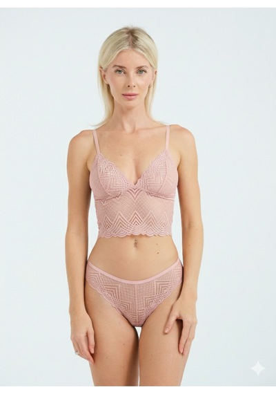 Dantel Detaylı Esnek Bralet & Slip Takımı Pembe