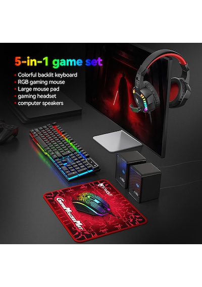 Apphirex Oyuncu 5-ın-1 Rgb Aydınlatmalı Gaming Full Ekipman Seti Q Klavye+mouse+mousepad+kulaklık+hoparlör Lazer