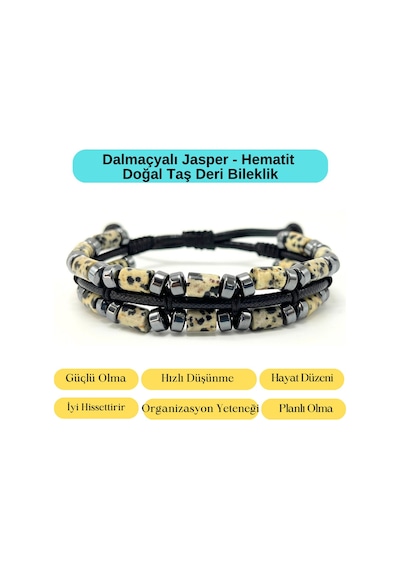 Yıldız Doğal Taş Dalmaçyalı Jasper Ve Hematit Makrome Doğal Taş Deri Erkek Bileklik Çok Renkli