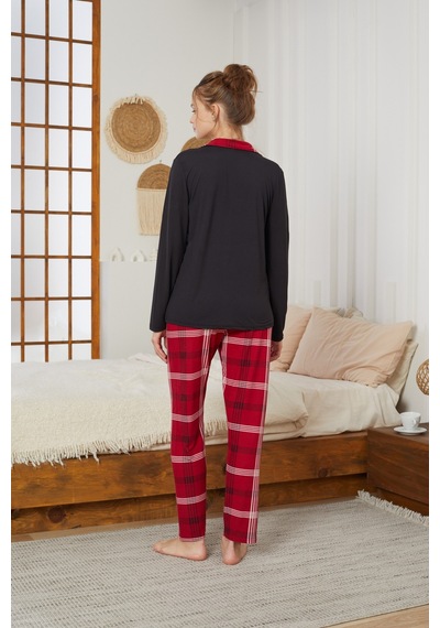Siyah İnci Gömlek Yaka Düğmeli Milan Örme Pijama Takım25224002 Siyah