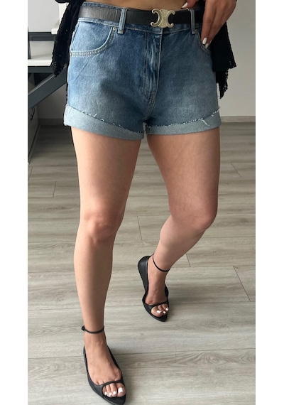 Katlama Detaylı Denim Şort Mavi