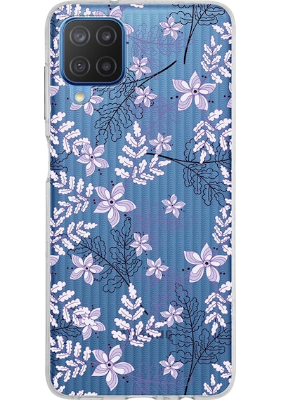 Samsung Galaxy Uyumlu M12 Kapak Floral Lila Tasarımlı Şeffaf Silikon Kılıf