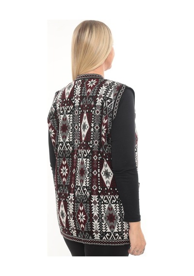 İksun Kadın Etnik Model Triko Örgü Kilim Cepli Kışlık Kalın Anne Yelek Gri
