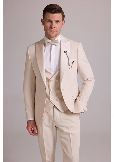 Ysf Erkek Krem Slim Fit Kırlangıç Yaka Yelekli Damatlık