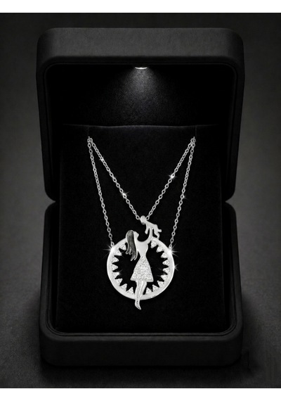 Çekirdekjewelry Işıklı Hediye Kutulu 925 Ayar Gümüş Anne Çocuk Kolye Zirkon Taşlı Kadın Kolye Gri