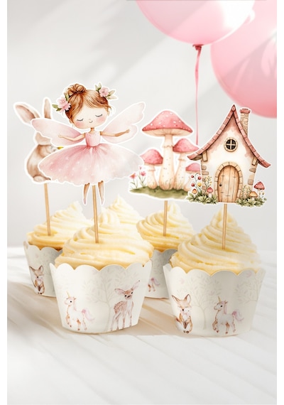 Orman Perileri Ve Sevimli Evleri Temalı Doğum Günü Konsepti Süsleme Seti , Cupcake Süsü Flama Etiket Dijital Baskı