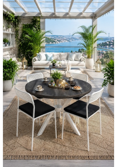 Siyah 4 Kişilik Minderli Balkon Takımı, Balkon Masası, Balkon Sandalyesi, Yuvarlak Masa, Yemek Masası, Mutfak Masa Sandalye Takımı, 4 Sandalye 1 Masa Siyah/beyaz-beyaz