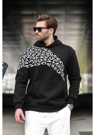 Madmext Siyah Baskılı Kapüşonlu Erkek Sweatshirt E7160 Siyah