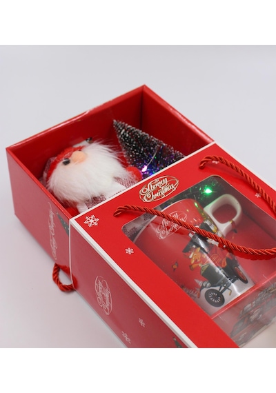 Özel Işıklı Hediye Kutusunda Yılbaşı Figürü & Masaüstü Çam Ağacı & Kupa & Kaşık Yeni Yıl Noel Premium Hediye Seti
