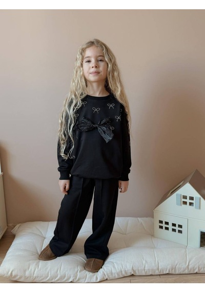 Miniko Kids Kız Çocuk Bayramlık Fiyonk Modelli Taşlı 2li Pamuk Takım Siyah