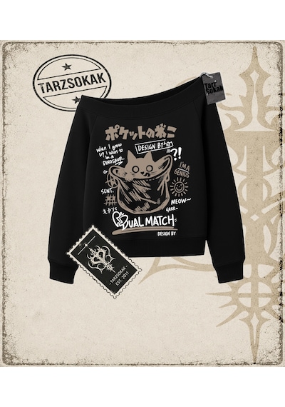 Tarzsokak Gotik & Grunge Streetwear Hiding Cat Dual Match Kayık Yaka Sweatshirt Siyah