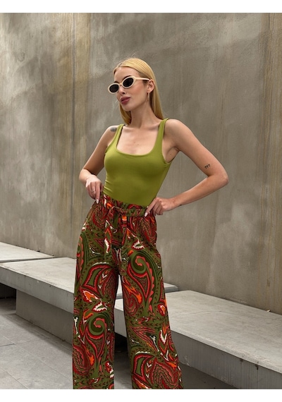 Mamayaga Kadın Yüksek Bel Kuşaklı Desenli %100 Viscose Pamuk Geniş Paça Şık Casual Büyük Beden Curve Pantolon Haki