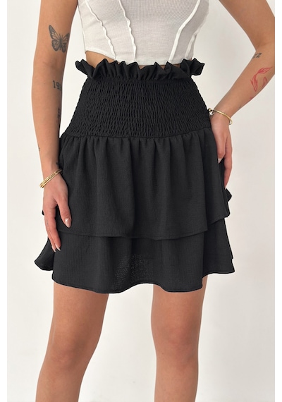 Kadın Katlı Smock Bel Mini Short Etek Summer Layers Siyah