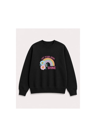 Herkesemoda Gökkuşağı Baskılı 2 İplik Şardonlu Bisiklet Yaka Sweatshirt Siyah