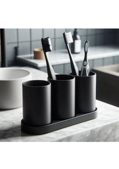 M2s Modern Mat Siyah 3'lü Diş Fırçalık Ve Banyo Organizeri Seti - Standlı Dekoratif Diş Macunu Standı Tezgah Üstü