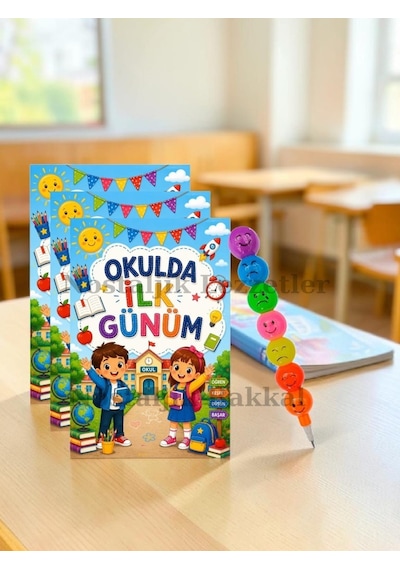 5 Adet Okulda İlk Günüm Yazılı Hediye Seti 1. Sınıf- Sene Başı Emoji Kurşun Kalem Tebrik Kartı Hediyeli