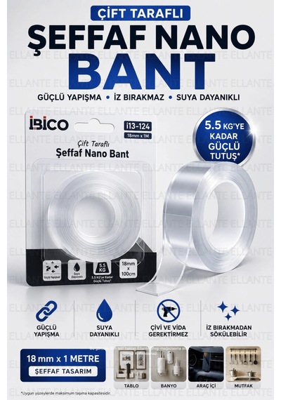 Çift Taraflı Şeffaf Nano Bant 18 Mm X 1 Metre Güçlü Yapışkan İz Bırakmayan Suya Dayanıklı Montaj Ban