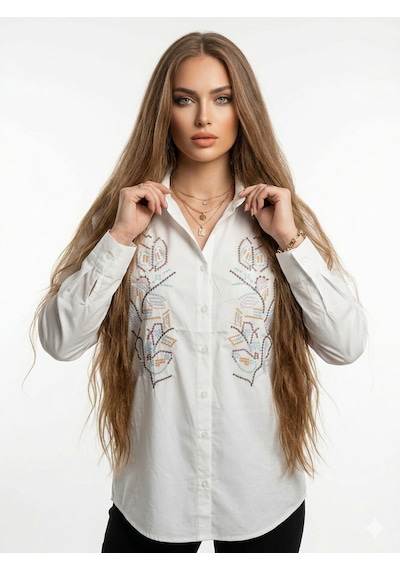 Ribana Classic Kadın Önü Nakışlı Yazlık Dokuma Kumaş Boyfriend Gömlek 4713 Ekru