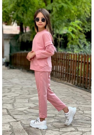 Modavals Tüy Detay Kollu Kız Çocuk Eşofman Takımı - Pembe