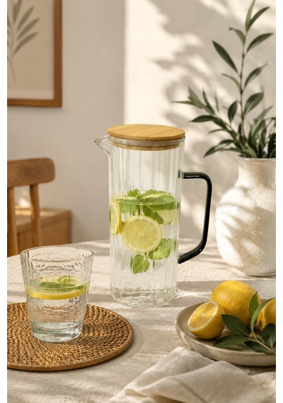 Lime - Çizgili Borosilikat Cam Sürahi 1,4 L Bambu Kapaklı Şeffaf Su Ve Meşrubat Sürahisi