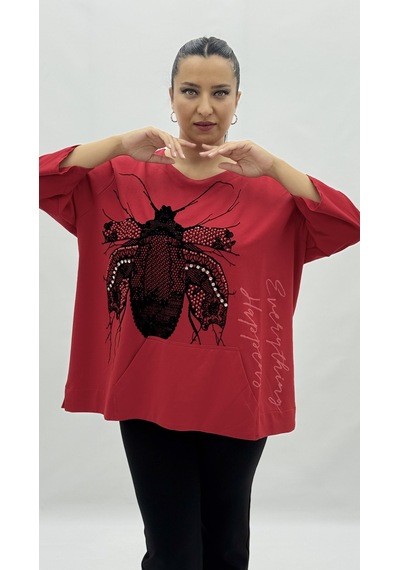 Büyük Beden Viskon Taşlı İnci Detaylı Kanguru Cepli Kapri Kol Oversize Kadın Sweat Kırmızı Büyük Beden Viskon Taşlı İnci Detaylı Kanguru Cepli Kapri Kol Oversize Kadın Sweat Kırmızı