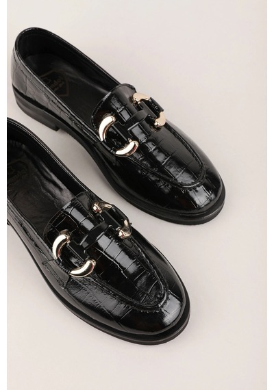 Gondol Kadın Hakiki Deri Tokalı Loafer Ayakkabı Crm.181 Siyah Croco