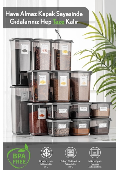Meleni Home 18'li Set Kapaklı Kare Erzak Saklama Kabı Antrasit 6x 0,50 Lt-1,10 Lt -1,70 Lt Etiketli Baharatlık